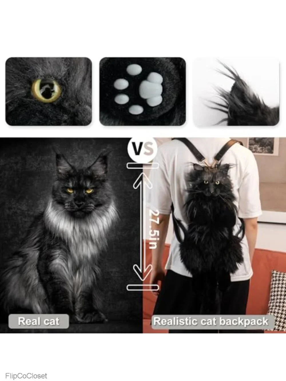 Handmade Realistic Cat Plush Backpack Polyester Soft Stuffed Animal Bag
